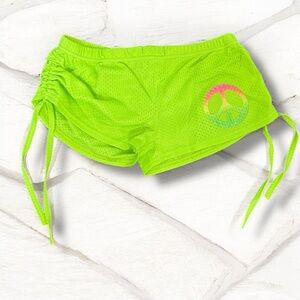 Y2K Malibu Beach Neon Green Mesh Micro Booty Shorts with Peace Sign M